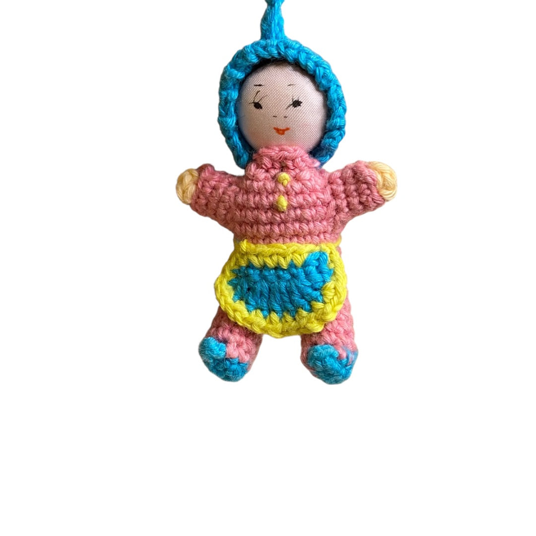 Vintage Amigurumi Japanese Miniature Crochet Baby Girl Doll 2" Silk Face Hanging