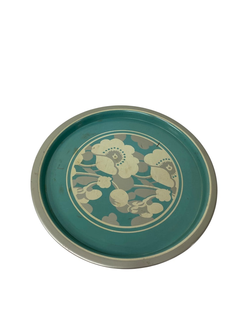 MidCentury Set of 2 Metal Trays Decorative Floral 12.5" Diameter Turquoise