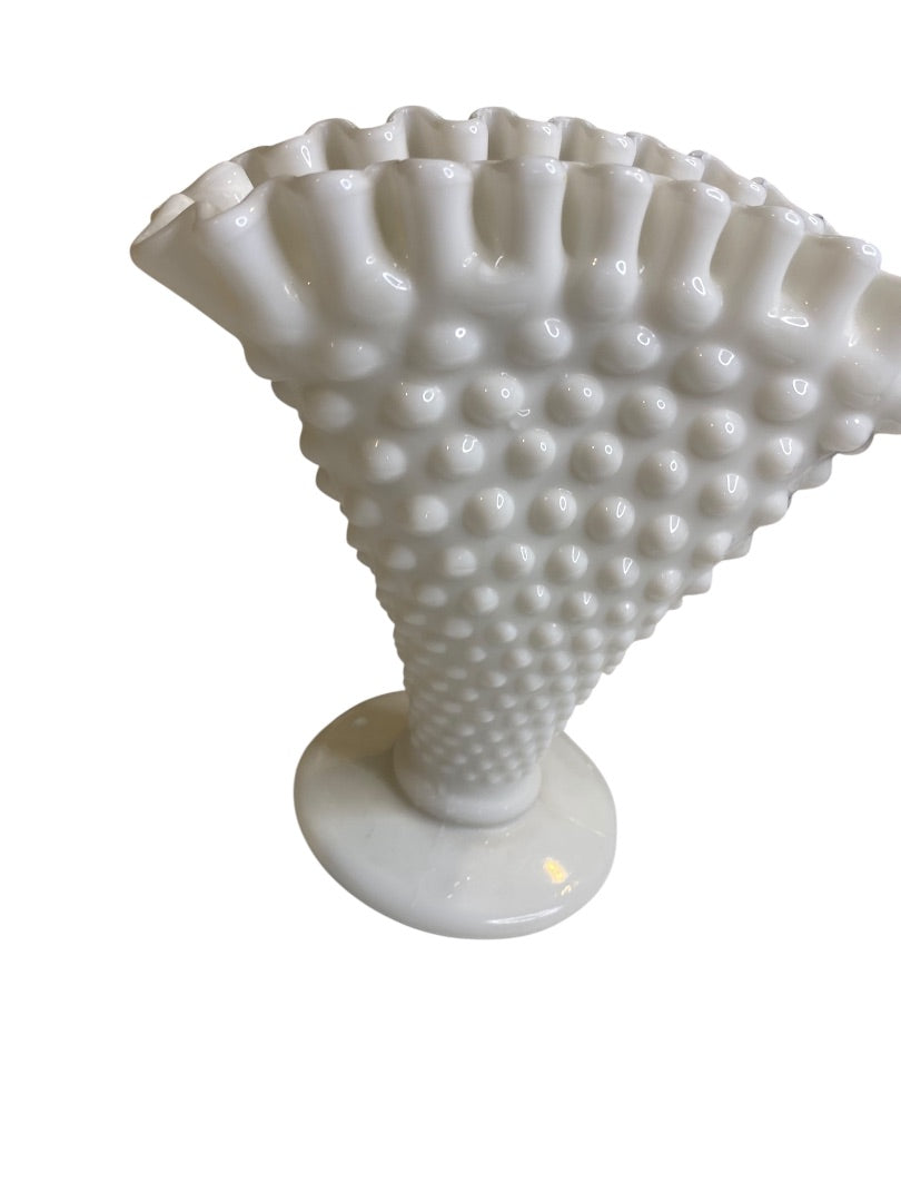 Vintage Fenton Milkglass Hobnail Fan Vase Crimped 5.5"