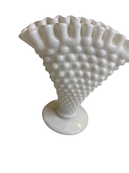 Vintage Fenton Milkglass Hobnail Fan Vase Crimped 5.5"