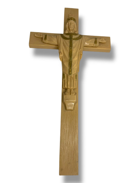 Vintage Plastic Cross Jesus INRI 12" Wall Hanging Gold Trim Paint