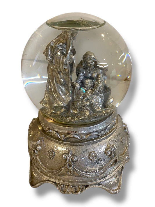 Nativity Snowglobe Silver Sparkle Music Box O Holy Night 6"