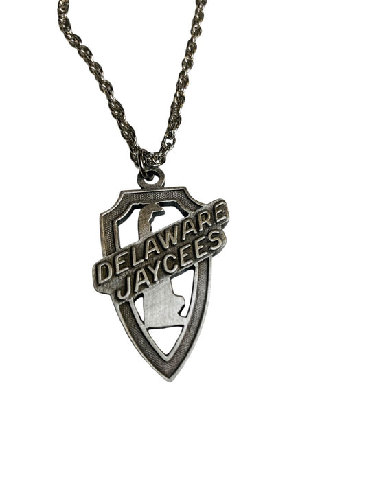 Pewter Pendant Delaware Jaycees on Silvertone Chain 18"