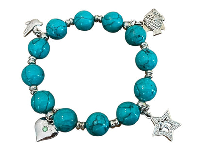 Beaded Stretch Silvertone Fish Feather Star Jerusalem Cross Bracelet Blue NWOT