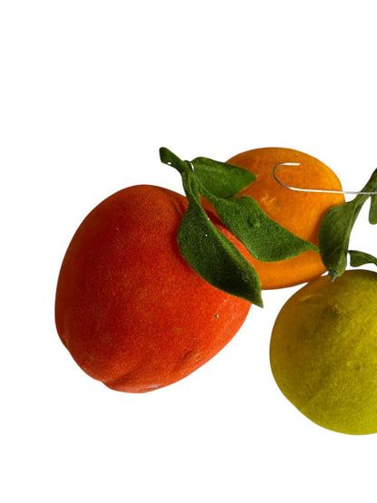 Vintage Flocked Velvet Fruit Set of 3 Ornaments Apples Orange 3 Inch
