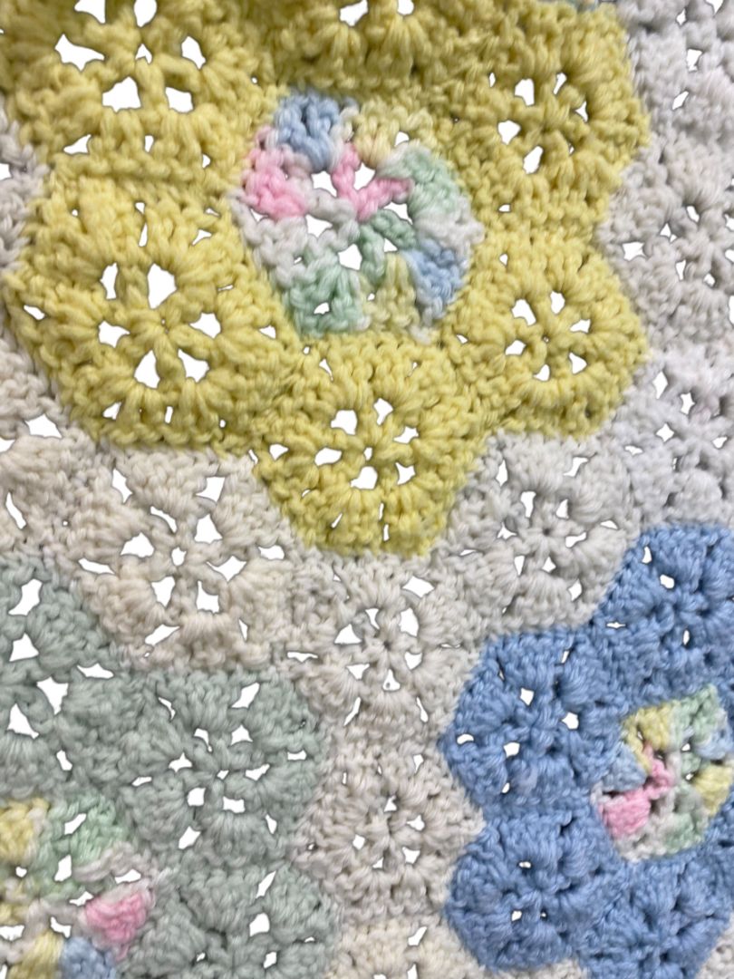 Vintage Crochet Baby Blanket Pastels Floral 40" Square Handmade