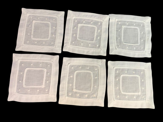 Vintage Cocktail Napkins Set of 6 White Dots Trim 5.5"