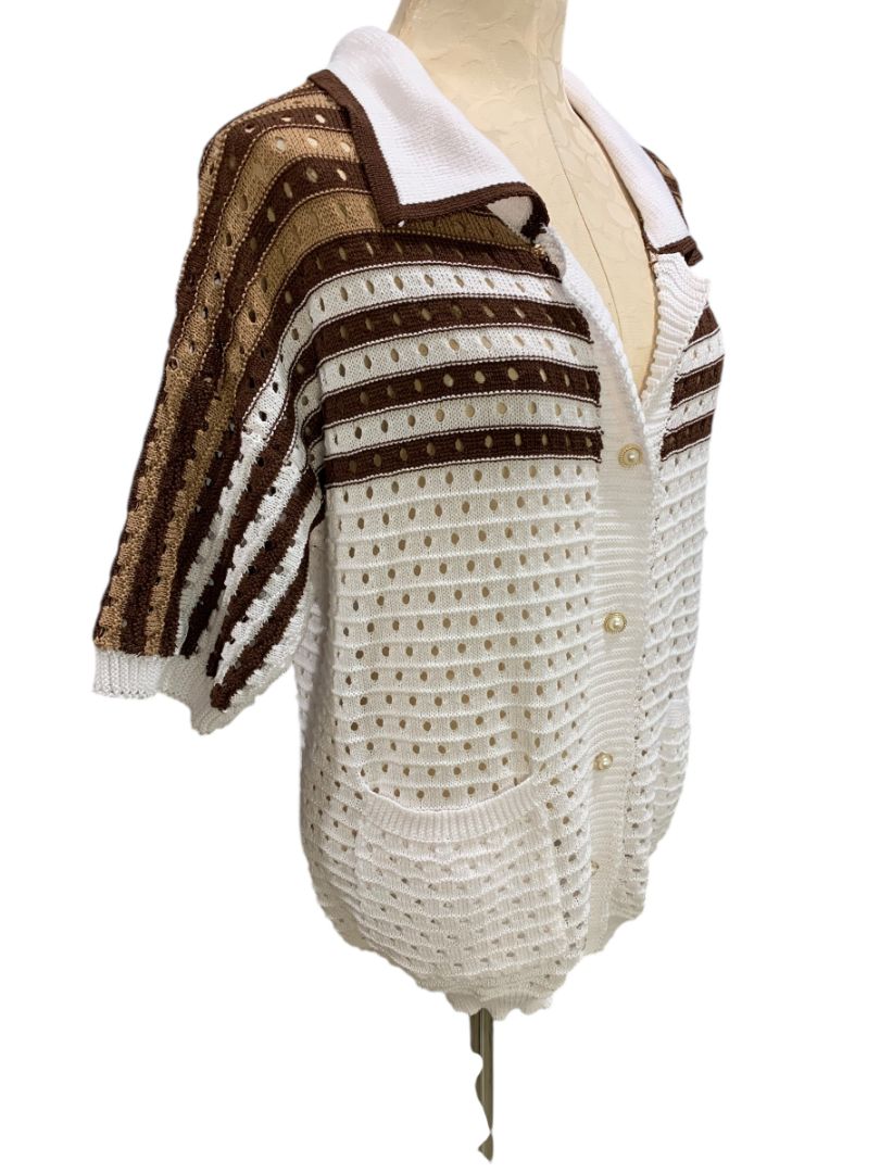 XL Vintage Womens Short Sleeve Loose Knit Collared Cardigan