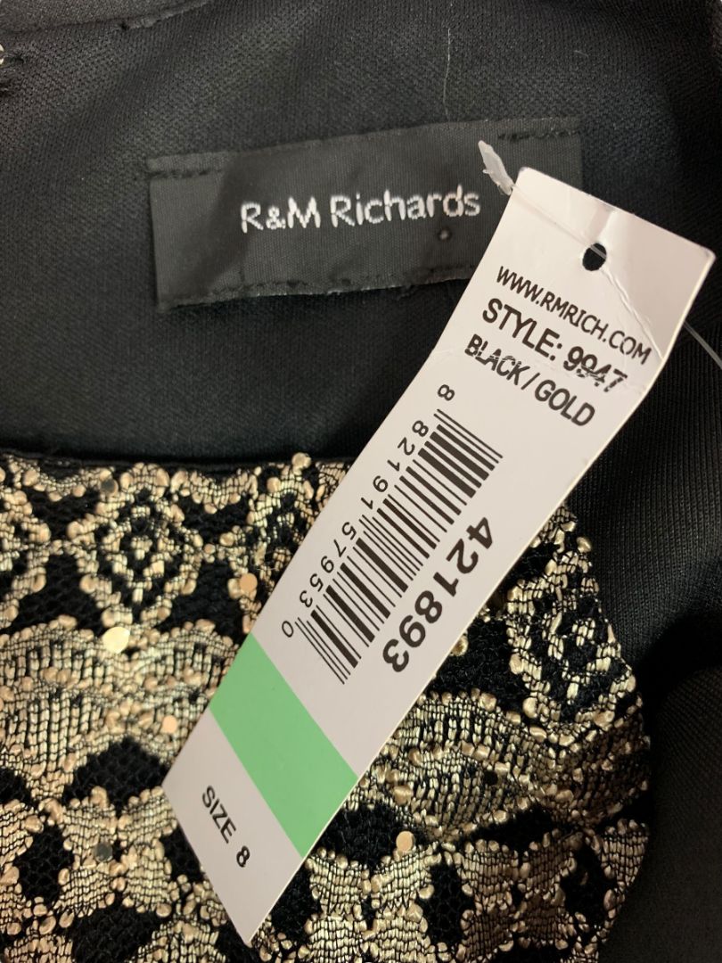 Size 8 R&M Richards Sheath Dress New Black Gold Embellished Style 9947