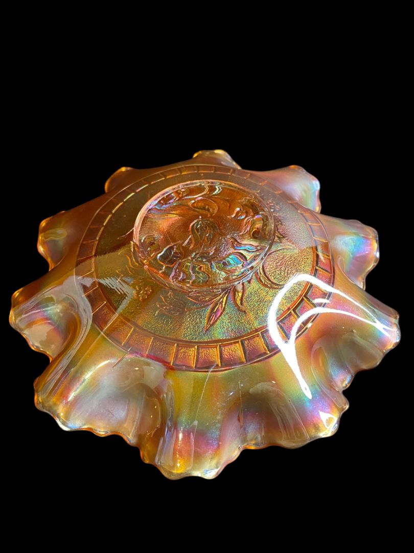 Vintage Dugan Wildflower Marigold Carnival Glass Ruffle 8.75" Bowl