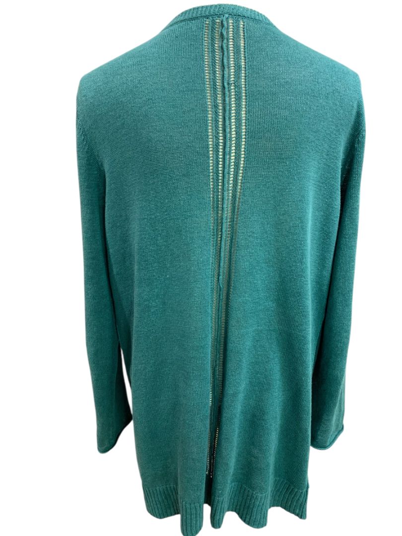 Large Eileen Fisher Womens Linen Teal Cardigan Sweater Pockets Open