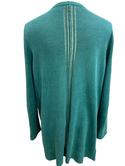 Large Eileen Fisher Womens Linen Teal Cardigan Sweater Pockets Open