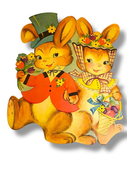 Vintage Dennison Bunny Rabbit Couple  Diecut  16" Retro Easter