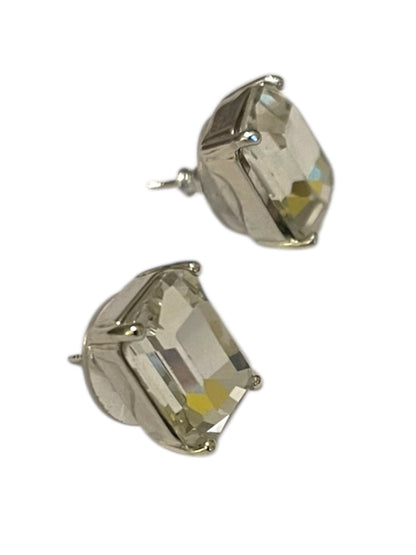 Emerald Cut Stud Post Pierced Earrings Clear .5" (14mm) Silvertone Setting