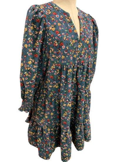 Size Medium Umgee Floral Corduroy Dress Pockets Blue V-Neck