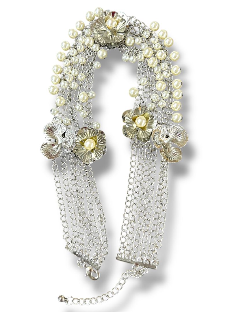 New Silvertone and Faux Pearl Statement Necklace Multistrand 17" + 2" Extender