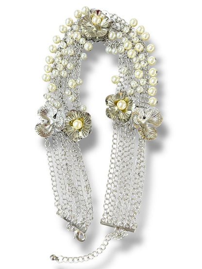 New Silvertone and Faux Pearl Statement Necklace Multistrand 17" + 2" Extender