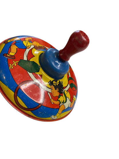 Vintage 5.5” Tin Litho Spinning Top Children Made in USA Wood Handle Works