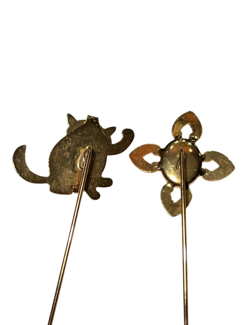 Goldtone Stick Pins Set of 2 Cat Flower Pink Stone 2.25"