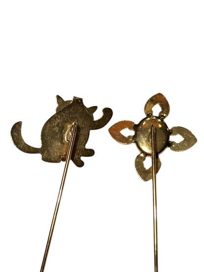 Goldtone Stick Pins Set of 2 Cat Flower Pink Stone 2.25"
