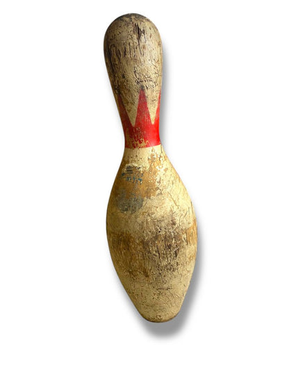1950s Brunswick Balke Collender King Red Crown Bowling Pin 15.5" Turned Wood Chippy