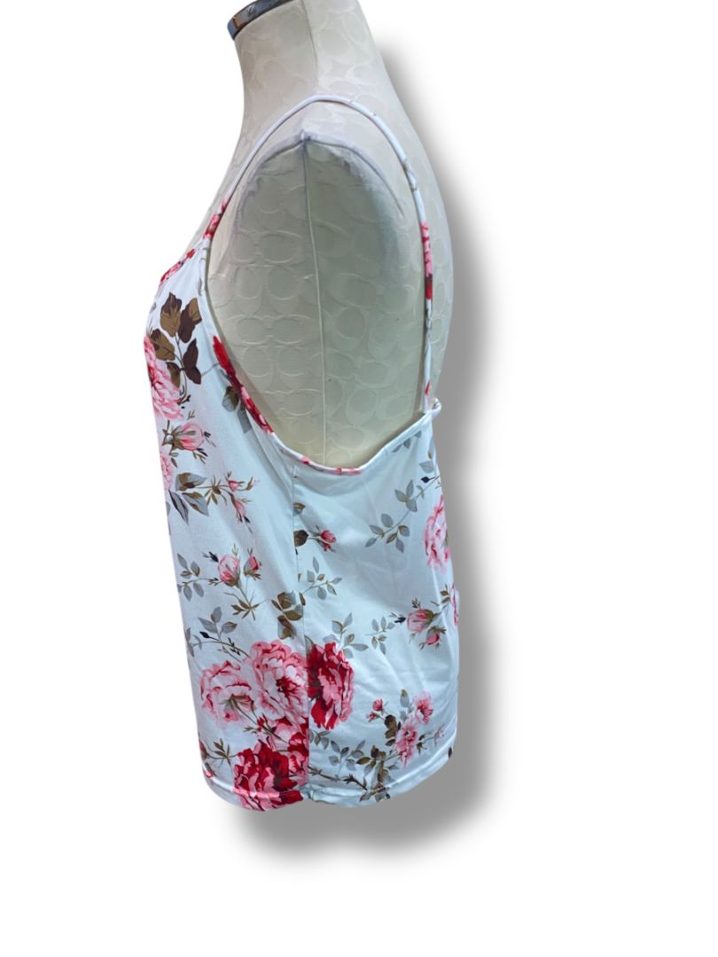 Size 1XL Womens 3 Piece Pajama Set Cami Robe Pants White Rose Print Soft