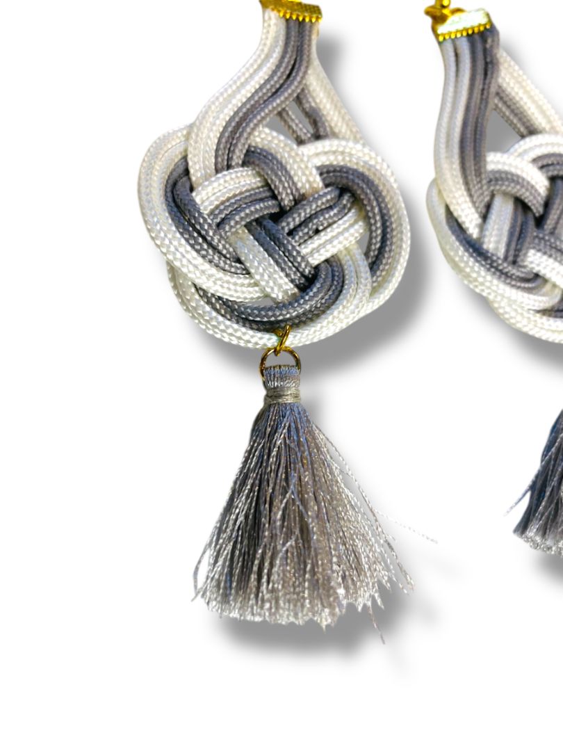 Macrame Boho Earrings Tassel Gray White Fishhook 4.75" Drop
