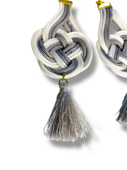 Macrame Boho Earrings Tassel Gray White Fishhook 4.75" Drop