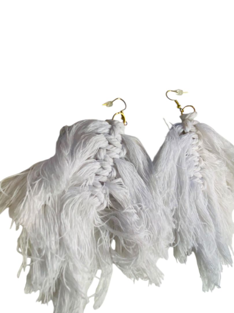 White Statement Fishhook Pierced Earrings Macrame Oversize 5.5" Drop