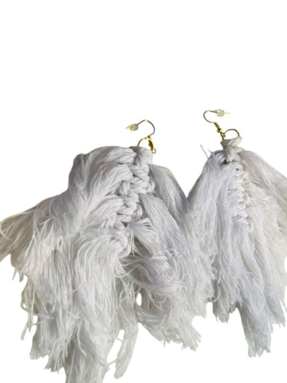 White Statement Fishhook Pierced Earrings Macrame Oversize 5.5" Drop