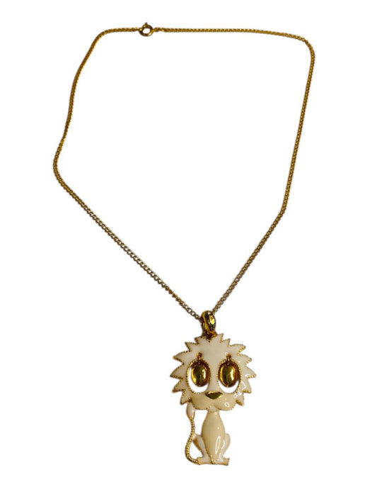 Vintage Goldtone Lion 1.6" Pendant on 16" Chain Dangling Eyes