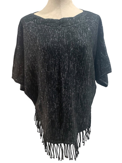 Medium NY Collection Women's Black Silver Fringed Sweater Short Raglan Sleeve