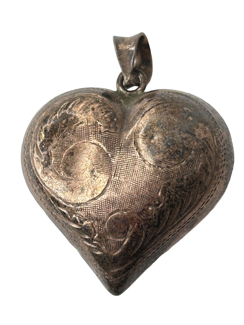 Vintage Silver Puffy Heart Pendant Etched Design 1.25"