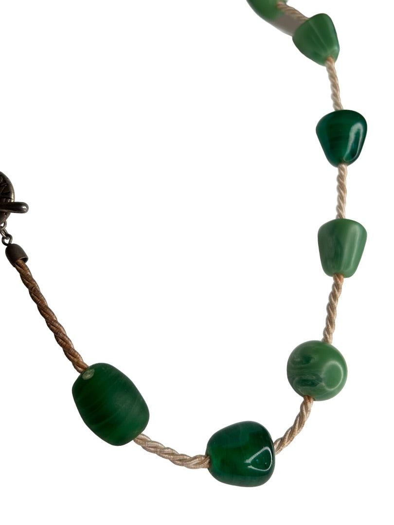Signed Monet Green Bead on Silk 23" Statement Necklace Toggle Clasp