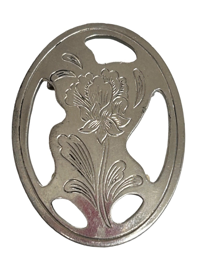 Vintage Signed Kirk Stieff Pewter Brooch Pin Etched Floral 2.25"