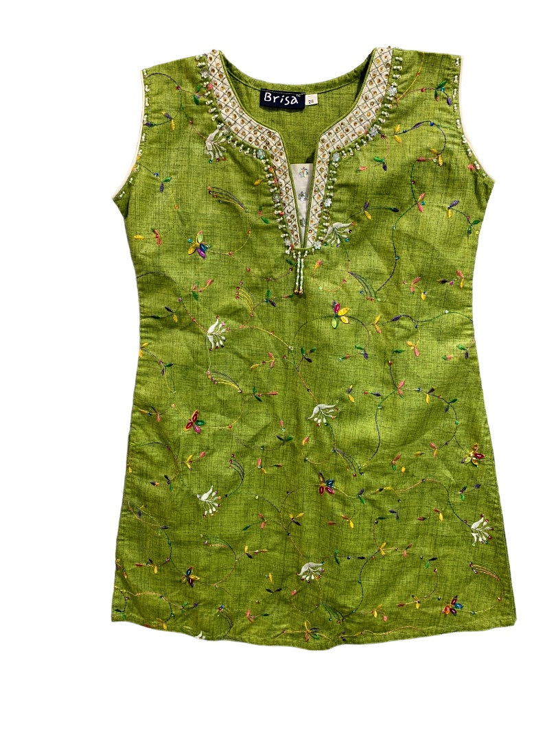 Small Brisa Women's Sleeveless Green Embroidered Blouse Pullover