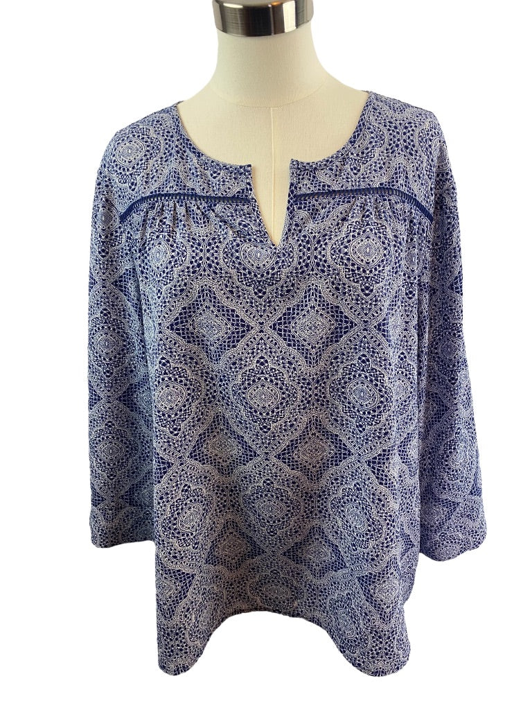 XXL Fever Women's Blue White Pullover Split Neck Flowy Peasant Blouse