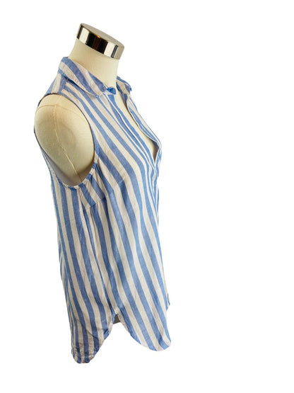 XXS J.Crew Womens Blue White Stripe Sleeveless Linen Blend Pullover Tunic Blouse