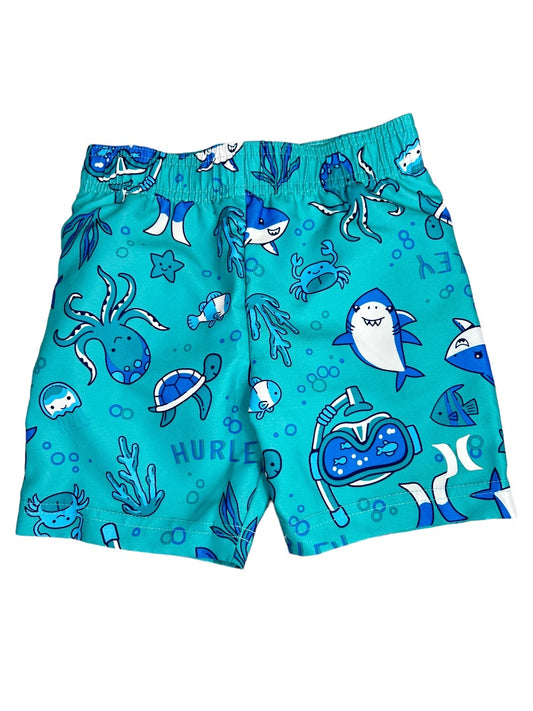 3T Hurley Boys Swim Trunks Lined Aqua Turtle Snorkel Print New without Tags