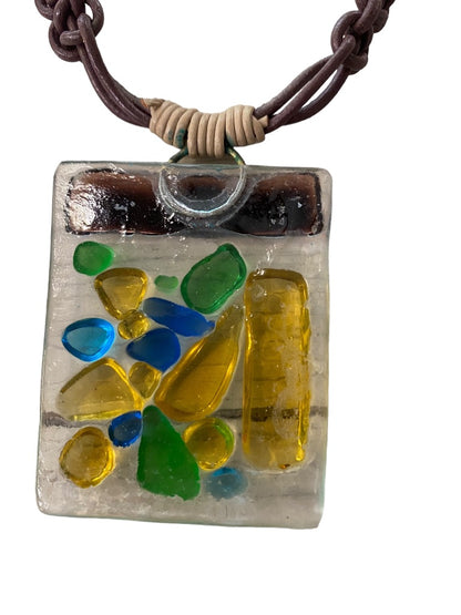 Art Glass Pendant Statement Necklace Mulitcolor 14" Toggle Clasp 2.2"h