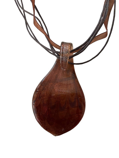 Glass Pendant Necklace 19" Ribbon and Cord Brown Tones 2.5" Drop Pendant