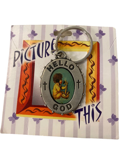 New "Hello God" Picture This Pewter Keychain Key Ring 2"