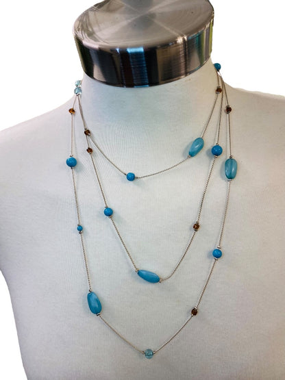 Long Strand Necklace Delicate Silvertone and Blue Acrylic Beads 60" Lobster Clasp Layered