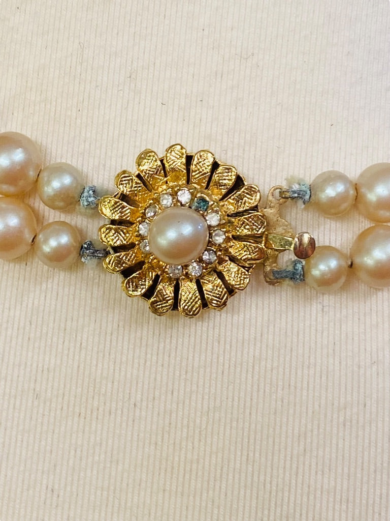 Double Strand Hand Knotted Vintage 7.7 mm Faux Pearl Dual Strand Necklace Daisy Clasp 16"