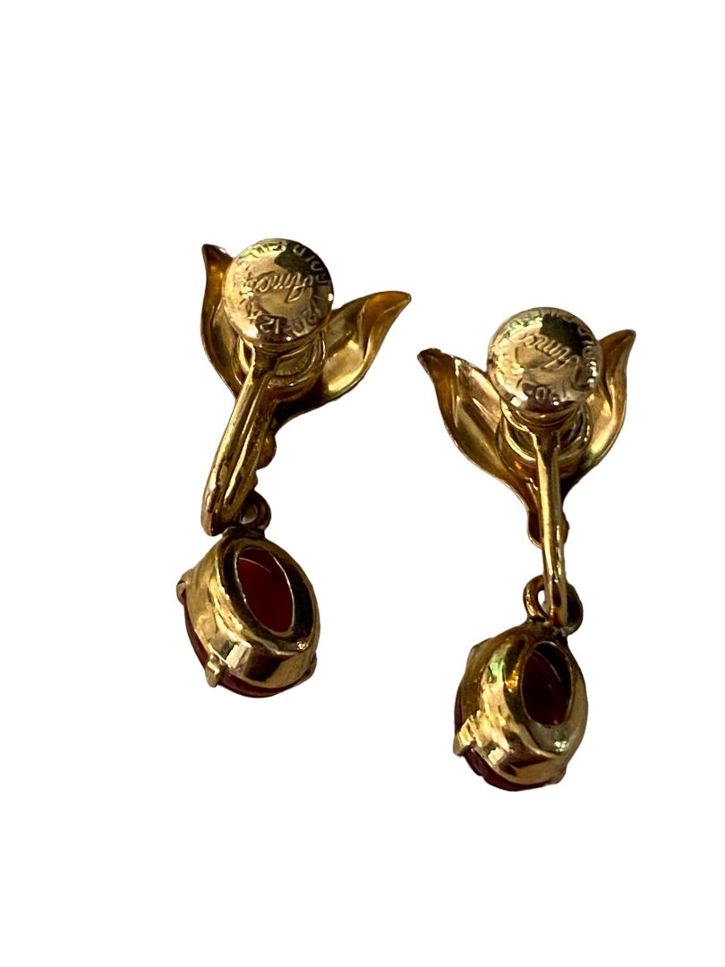 Vintage Signed Amco 12K Gold Filled Non-Pierced Screwback Earrings Scarab Dark Red .8" Drop Dangle