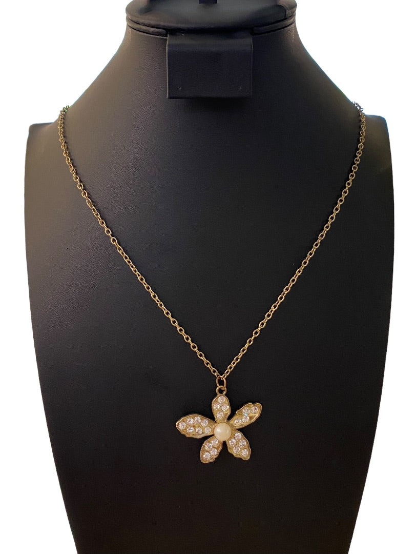 Goldtone 25" Necklace Overhead Chain Flower Pendant Faux Pearl Rhinestone