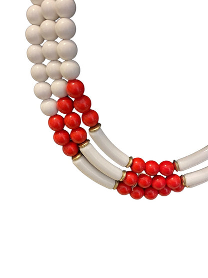 Red White Triple Strand Vintage 1960s Acrylic Beaded Statement Necklace 19"