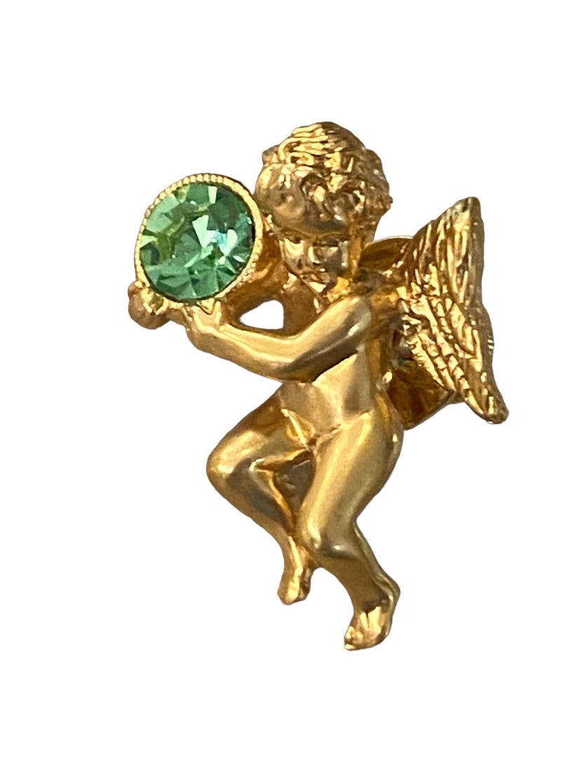 Vintage Avon Signed Guardian Angel Lapel Pin Peridot Cherub 1"