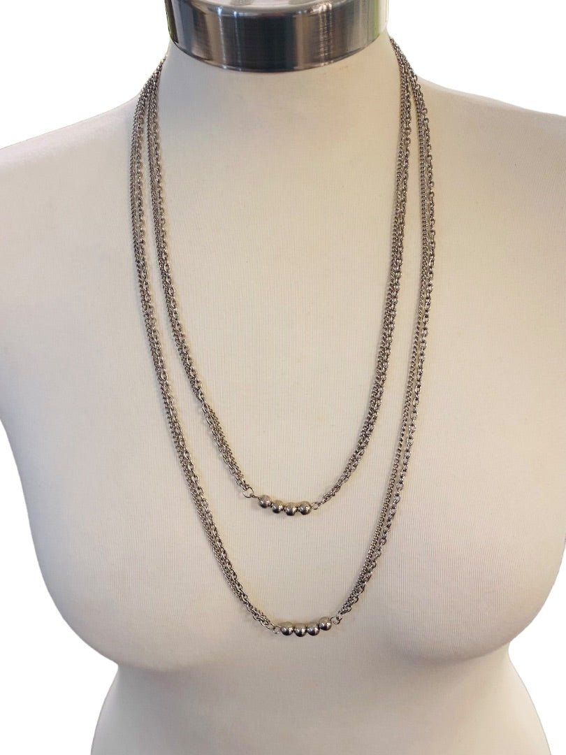 Silvertone Dual Strand 56" Necklace Spring Clasp Beads Can be Looped Layered