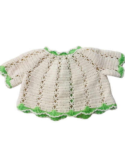 Vintage Hand Crocheted Baby Sweater Cream Green Trim Tie Closure Cardigan 12-24 Mos